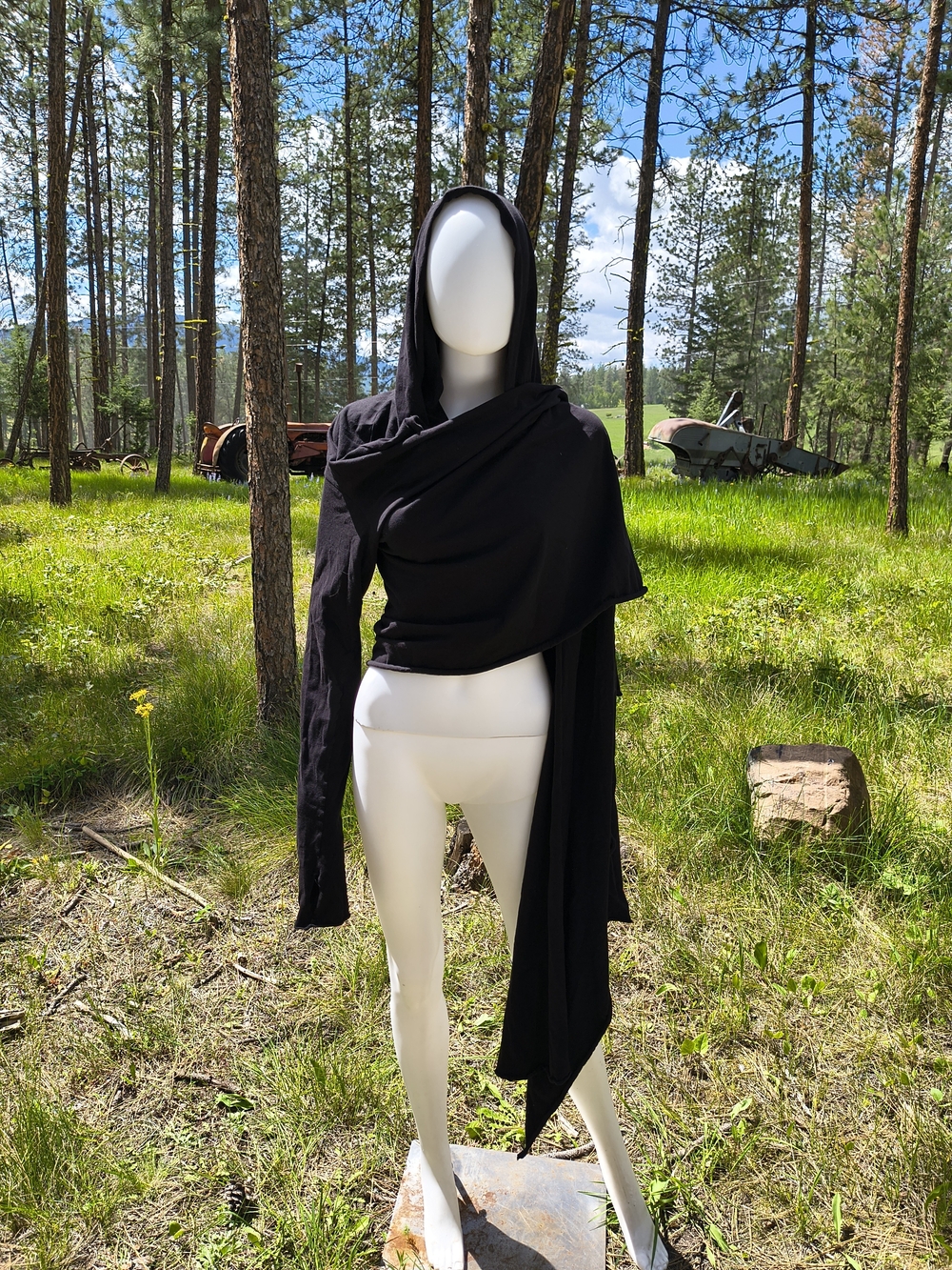 Zhen Nymph Black Cardigan With Oversized Hood Black Draped Hooded Wrap Top